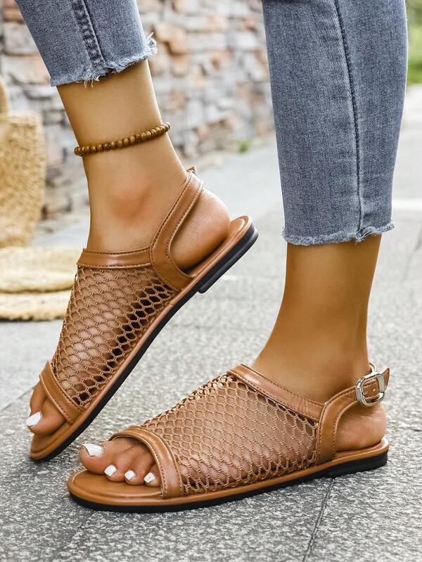 Sommer Neue Ausschnitt-Soft-Bottom-Mesh-Offene-Zehe Modische Riemen Flache Sandalen für Frauen, Lässig-Stil Outdoor-Damen-Sandalen