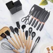 Silicone Kitchen Utensil Set - 19pcs Cooking Utensils Set With Turner Spatula Spoon Ladle Tongs Knives For Non-Stick Cookware, Heat Resistant Kitchen Utensil Set With Knives