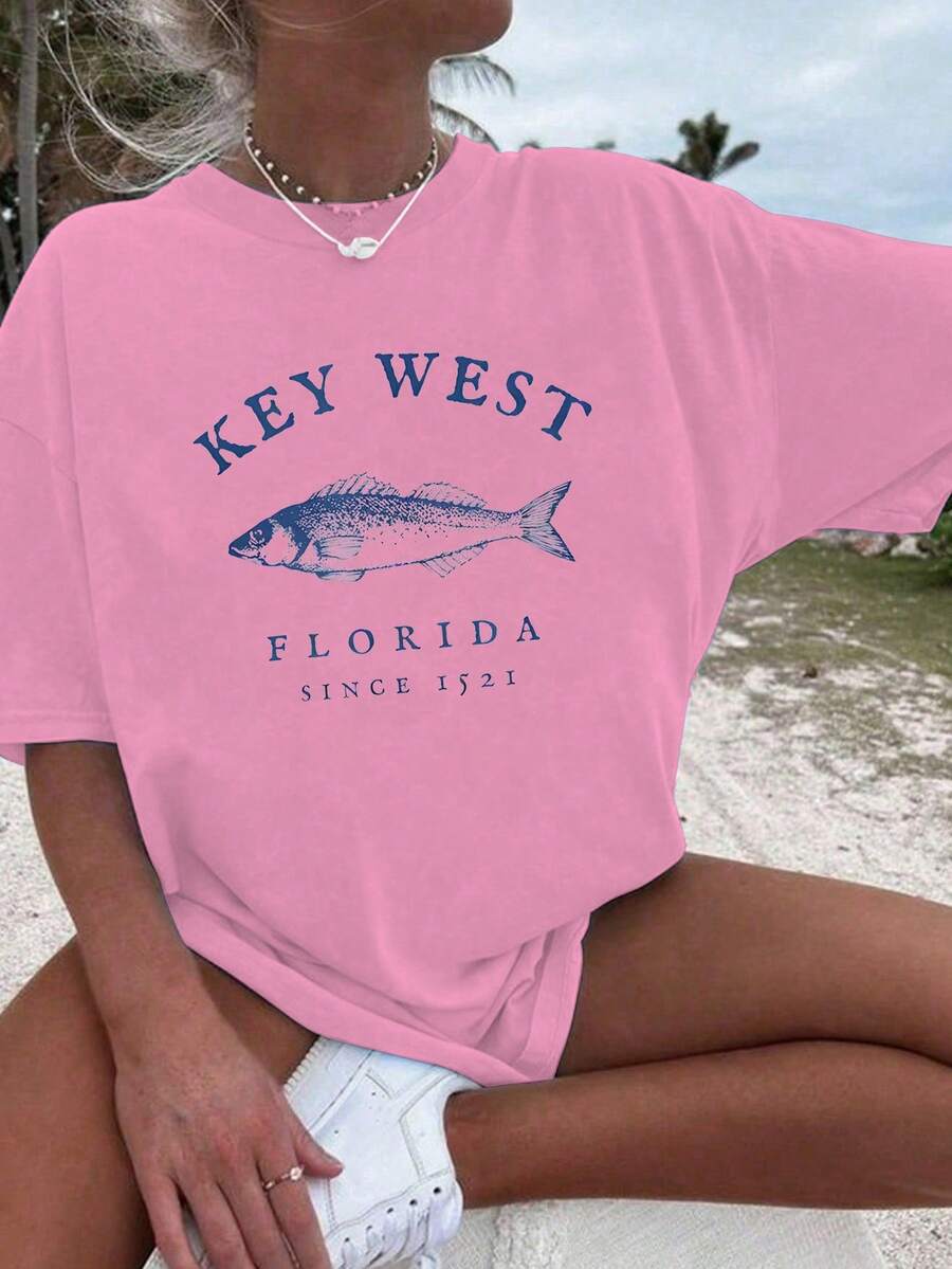 قميص كاجوال للنساء بطبعة مرسومة لصيد السمك ريترو، صيفي