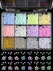 12pcs/Set Colorful Macaron-Shaped Nail Art Decorations, Resin Flower Petals Decor With Mixed Metallic Beads, Manicure Accessory Set