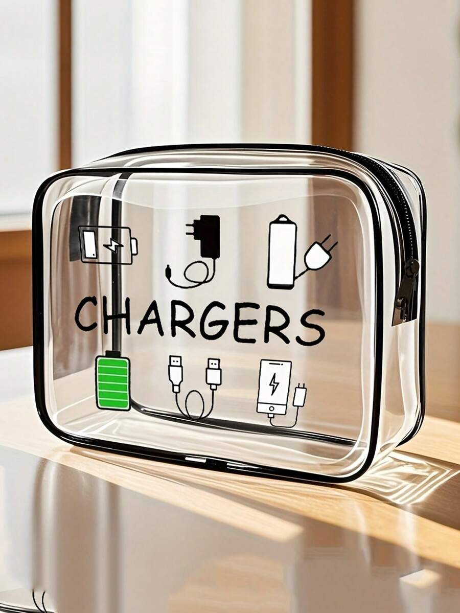 新品上市：獨家充電設備收納袋 - 透明盥洗包、旅行必備、便攜式拉鍊化妝包、海灘透明PVC盥洗包、防水收納袋、透明收納袋、電纜與USB收納袋、機場航空標準PVC化妝包（專為存放充電器、電纜和行動電源設計）