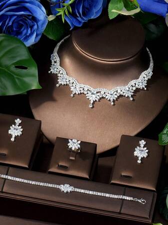1 Set Sweet Cubic Zirconia Flower Jewelry Set, Suitable For Women Birthday Gift