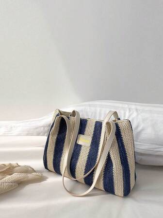 条纹格子简约大容量可折叠手提包，适合度假、节日、购物、休闲