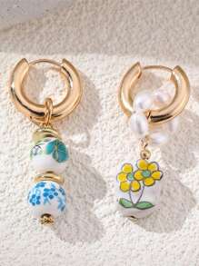 2 buc Cercei ceramici cu fluture și flori, cu mărgele, primăvară/vară, picătură de ulei cu perle artificiale, multicolori, potriviți pentru exterior, plajă, naveta, accesorii de zi cu zi