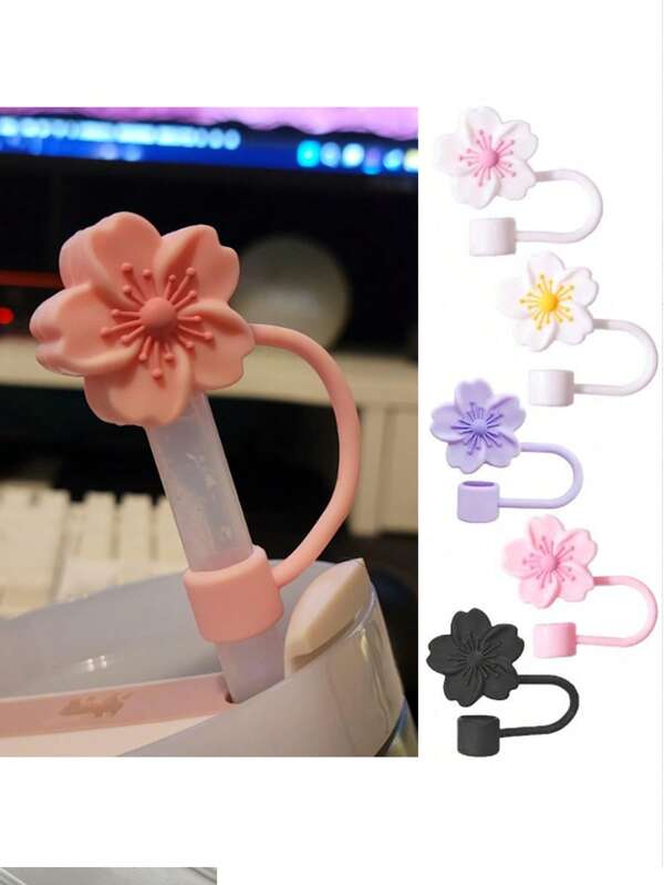 Compatible With Stanley Cup Accessories 2PCS Straw Toppers For Cup Straw Cover Cap, Creative Cherry Blossom Straw Cap Cap, Reusable Silicone Straw Cap, Straw Anti-Splash Dustproof Straw Cover, Portable Easy To Clean Insulation Cup Straw Cup Accessories, 10mm Thicker Large Caliber Flower Straw Cap, Cute Cartoon Flower Straw Dust Cover, Pink/Purple/Black/White Yellow/White Pink