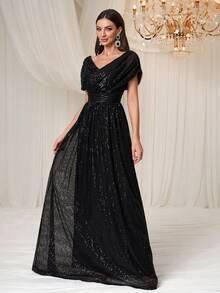 Elisanya 女式闪亮优雅双V领褶饰晚礼服，适合派对、正式场合、礼服、婚礼宾客 - 黑色 - 查看 5