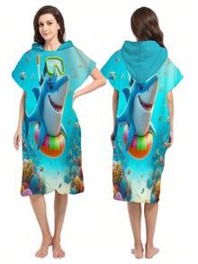 1pc Shark Hooded Poncho Changing Robe, Microfiber Wearable Beach Towel, Suitable For Surfing, Swimming, Bathing, Outdoor Sports, Adult Hooded Towel Cloak Robe - Multicolor - View 14