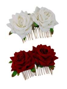 新娘发梳，仿天鹅绒玫瑰发梳头饰，双玫瑰发梳，发梳。情人节配饰 - 多色 - 查看 12