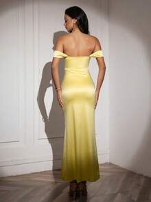 PARTHEA Off Shoulder Ruched Satin Elegant Dress - Yellow - View 2