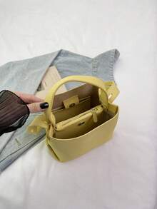 Bolsa feminina estilosa, minimalista, com textura de crocodilo amarelo, mini bolsa tipo balde de PU, bolsa de ombro vintage versátil para compras femininas e uso diário - Amarelo - Ver 8