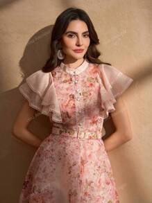 Elegant Romantic Floral Printed Half-Button Decorative Belt Vacation Style Dress For Women