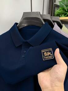 Camisa tipo polo de manga corta casual con logo bordado para hombres, para verano - Azul Marino - Ver 3