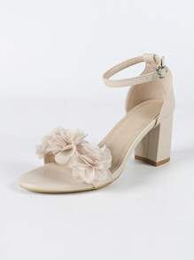 Women's Apricot Floral Decor Metal Buckle Thin Strap Square Toe Chunky Heel Sandals, Sweet & Fresh Style For Summer Casual & Holiday Wear