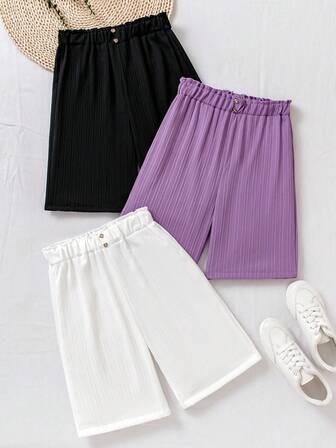 3pcs/Set Teen Girls' Casual Solid Color Studded Shorts Set, Summer