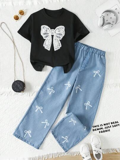 2pcs/Set Teenager Girls Casual Fashion Butterfly Patch Short Sleeve Top And Straight Leg Pants Set