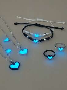 ATLVXJL 6pcs/Set Glow-In-The-Dark Heart Pendant Necklace, Bracelet, And Ring Set, Stainless Steel Magnetic Clasp Couple/Friendship Jewelry, Suitable For Everyday Wear And Valentine's Day Gift