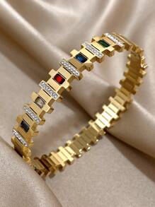 18K Gold Plated Stainless Steel Vintage Luxury Elegant Multicolor Diamond Gemstone Zirconia Bangle Bracelet Set For Women, Mom Gift Christmas Thanksgiving Halloween Wedding Rave/Prom/Party/Daily Accessories Gift For Anniversary Valentine's Day Boho Jewelry Birthday Bridesmaid Gifts