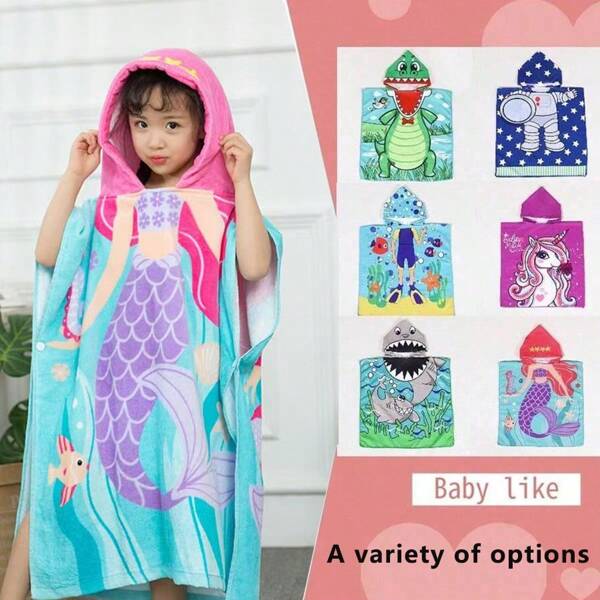 1pc Cartoon Hooded Bathrobe, Suitable For Men, Women & Children, Polyester Fabric, Highly Absorbent Quick-Dry Towel, Plastic Button Kids Cape, Expandable For Beach/Home Use, Great Gift
