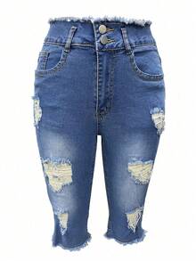 Women's Double Button Zipper Opening Denim Cropped Pants, Distressed Running Pants With Pockets, Women's Jeans And Clothing - Rửa nhẹ - Xem 3