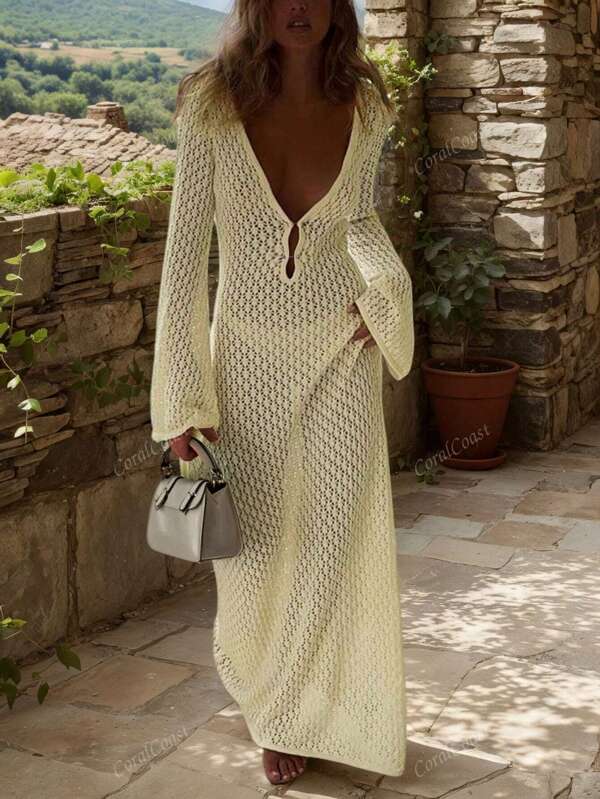 Spring-Summer Crocheted V-Neck Backless Ruched Waist Bodycon Dress For Holiday,Beach Vacation