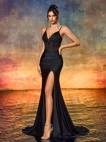 Elegant Deep V-Neck Backless Beaded Embroidered Sequin Patchwork Evening Dress Party - Black - View 7