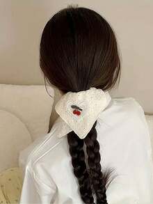 1 件优雅樱桃印花白色面料发圈 - 空心方形设计樱桃休闲涤纶发带，用途广泛 - 如圖 - 查看 1