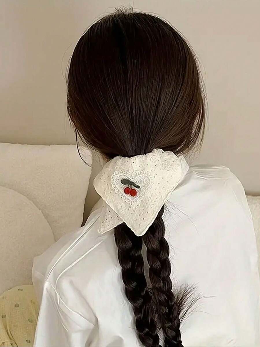 1 件优雅樱桃印花白色面料发圈 - 空心方形设计樱桃休闲涤纶发带，用途广泛 - 如圖 - 查看 1