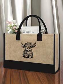 可爱的高地牛主题手提包套装，包括一个手提包和一个黑色零钱包，可爱的高地牛和卡通花朵图案，大容量手提包、单肩包、亚麻购物袋、沙滩包；化妆包、指甲油收纳袋