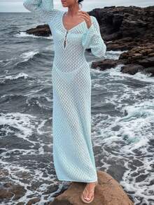 Crochet V-Neck Backless Ruched Waist Fitted Dress, Suitable For Holiday Wear, Fashionable And Elegant, Sexy And Minimalist, Solid Color Casual Knit Maxi Dress, Suitable For Beach, Halloween Costume, White Swimsuit, Autumn Fashion, Valentine's Day, New Year, Year-End, Christmas Party And Other Occasions. - Baby Blue - View 10