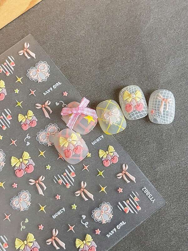 5pcs Set Cherry Blossom, Bowknot, Sweet Heart, Star Embossed Nail Sticker Decals, Suitable For Nail Salon And Personal Use
