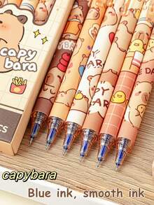 1支/3支/6支装水豚可擦按动圆珠笔 0.5mm，可爱设计（6支/盒），多种颜色和款式可选，高品质创意学生文具笔，可爱可擦中性笔，蓝色墨水圆珠笔，办公签名用品，学生、家庭礼物、朋友、同事、学校考试用品、情人节生日礼物、返校必备、学习用品 - 款式A - 查看 2