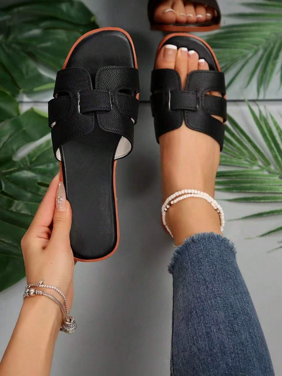 女士单趾绑带舒适时尚平底凉鞋，全新休闲风格 - 新黑色A115 - 查看 1