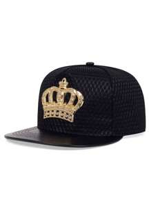 1pc Men's Metal Crown Decor PU Brim Casual Snapback Hat, Adjustable Sun Protection Outdoor Hat, Spring & Autumn