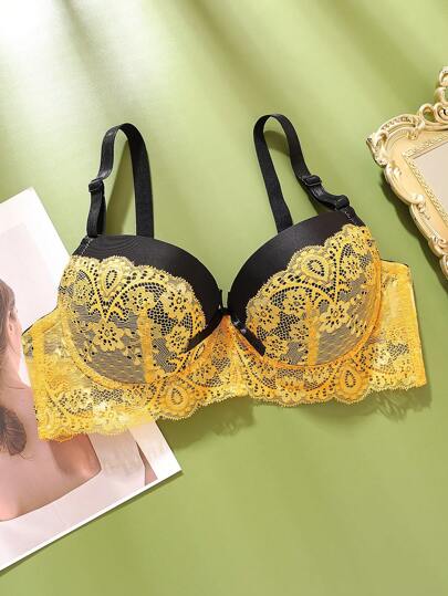 Sutiã feminino romântico, bicolor, sexy, acolchoado, push-up, copa B/C, renda, patchwork