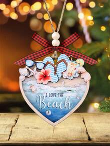 Ocean Style Christmas Ornament, I Love The Beach, Heart-Shaped Ocean Christmas Home Decor, Shell Flip Flops Summer Elements Double Layer Wooden Home Decor, Christmas Tree Hanging Decorations, Christmas Holiday Party Home Decor