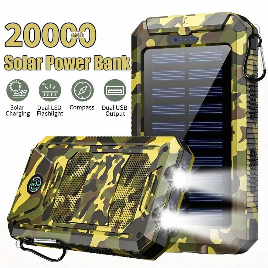 20000mAh Solar Charger,Portable Solar Power Bank, External Backup Battery Pack Dual 5V USB Ports Output For All Cell Phone And Electronic Devices, Built-In Dual LED Flashlight /Compass Suitable For Summer Holiday Outdoor Travel/Camping And Emergency Backup Mobile Power Supply Gifts For Family, Friends, Birthday - Camo - View 1