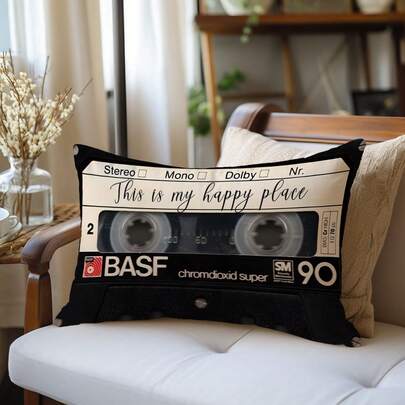 MEMNUN 1pc/2pcs Vintage Cassette Tape "This Is My Happy Place" Printed Decorative Throw Pillow Cover [No Pillow Insert], 11.81*19.71in(30*50cm)/15.75*23.62in(40*60cm), [Single-Sided Printing] Polyester Cushion Cover For Sofa, Bed, Living Room, Bedroom, Car, Office, Hotel Decor, Perfect Gift For Family And Friends, All Seasons