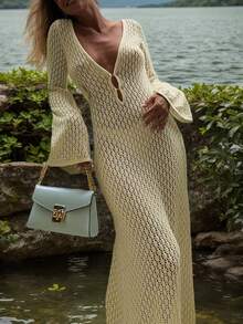 钩针编织V领露背褶皱腰身修身连衣裙，适合度假、女士时尚、优雅、性感、简约纯色休闲针织长裙，适合海滩、万圣节服装、白色泳装、时尚秋季、情人节、新年、年末、圣诞派对穿着。 - 芥末黃 - 查看 4