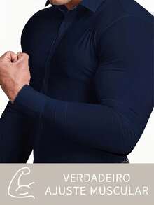 Men's Long-Sleeved Shirt In A Simple Solid Color, Casual For The Office, Slim Fit, High Quality, Contains Elastane, Suitable For All Seasons. - Màu xanh hải quân - Xem 6