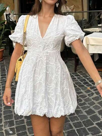 New Elegant Bohemian Vacation Casual V-Neck Puff Sleeve Waist Ruffle Hem White Midi Dress For Women, Suitable For Spring, Summer, Autumn, Casual Outings, Dates, Holidays, Back To School, Cruises, Beach Wear, Street Style, Party, Birthday, New Year's Eve