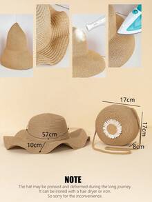2pcs/1pc Women Khaki Wavy Sunflower Beach Sun Hat & Straw Crossbody Bag & Coin Purse Set, Suitable For Daily, Vacation, Travel - Multicolor - View 8
