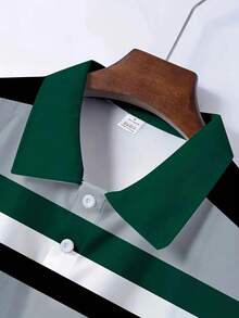 Men's Casual Stripe 3D Printed Golf Shirt, Short Sleeve Button Neck Knitwear, Regular Version Polyester Fiber Polo Shirt, Suitable For Spring, Summer And Autumn - Fabric Weight 180 G/M2 - Xanh ngọc lục bảo - Xem 4