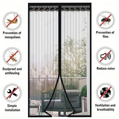 1pc Magnetic Self-Closing Screen Door, Prevents Mosquitoes Entry, Breathable & See-Through Design With Decorative Lace Trim, Comes With 2 Hook And Loop Strips & 1 Nail Bag, Fits Doors 80-120cm Wide, Essential Home Anti-Mosquito Item, Great Summer Home Accessory For Renovation Or Rental Property