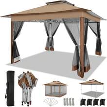 SANOPY Garden Gazebo 3x3 Waterproof Stable Winterproof, 3.65x3.65m Pop Up Gazebo With Mosquito Net, Double Roof Foldable Gazebo, Folding Gazebo With Sandbag For Backyard, Lawn - 棕色 - 查看 1