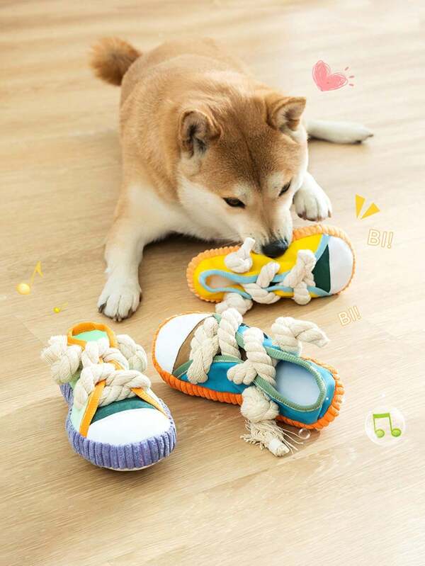 1er-Pack Hundespielzeug in Sneakerform mit Seilknoten & quietschendem Ball - strapazierfähiges Oxford-Stoff Kau-Spielzeug für aggressive Kauer, interaktives Quietschgeräusch für Welpen/erwachsene Hunde, drinnen und Outdoor zum Spielen