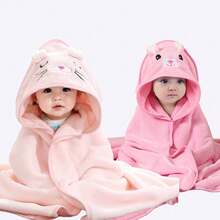 2pcs Baby Hooded Bath Towels, Neutral Animal Face Design Infant Capes, Unique Animal Pattern Newborn Super Soft Bathrobes, All-Season Children Coral Fleece Cartoon Bathroom Wraps - Pink Cat + Pink Rabbit - View 1
