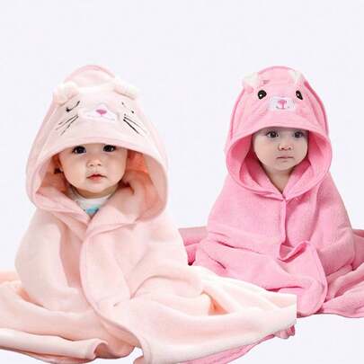 2 件婴儿连帽浴巾，中性动物脸设计婴儿斗篷，独特动物图案新生儿超柔软浴袍，四季儿童珊瑚绒卡通浴室裹巾
