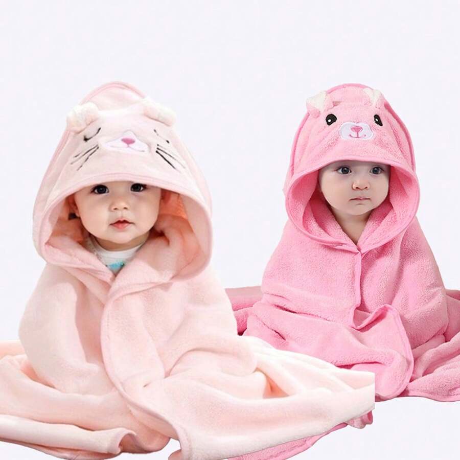 2pcs Baby Hooded Bath Towels, Neutral Animal Face Design Infant Capes, Unique Animal Pattern Newborn Super Soft Bathrobes, All-Season Children Coral Fleece Cartoon Bathroom Wraps - Pink Cat + Pink Rabbit - View 1