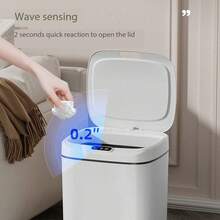 1 个 12L/14L/16L 智能感应垃圾桶，自动开盖，由 2 节 AA 电池供电（不含），防漏防臭设计，塑料垃圾桶，0.3 秒智能传感器，8 秒延迟关闭，安静运行，适用于客厅、厨房、办公室、卧室 - 灰白 - 查看 7