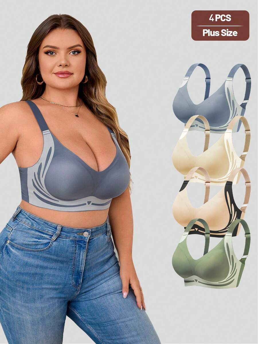 yalisi 4 件套女士加大码无钢圈撞色文胸，休闲日常穿着 - 彩色 - 查看 1